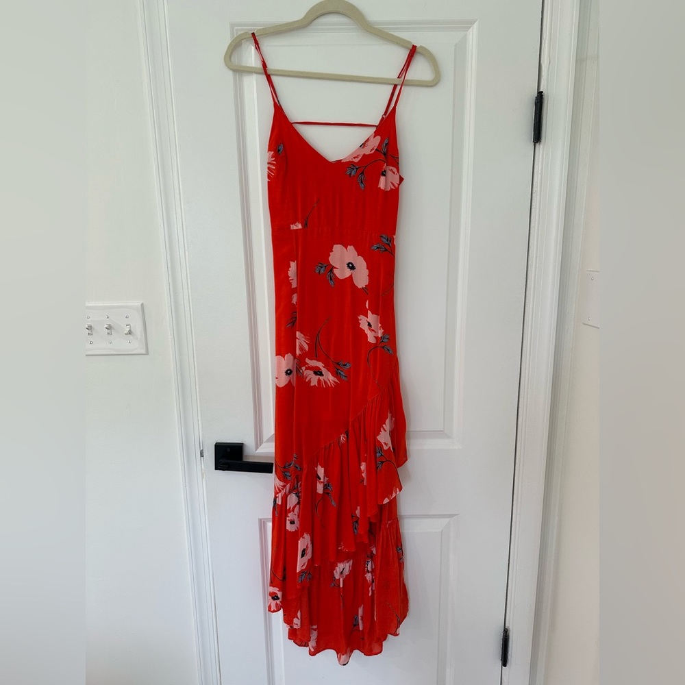 Urban Outfitters Floral Red Maxi Asymmetrical Ruffle Tie-back Dress